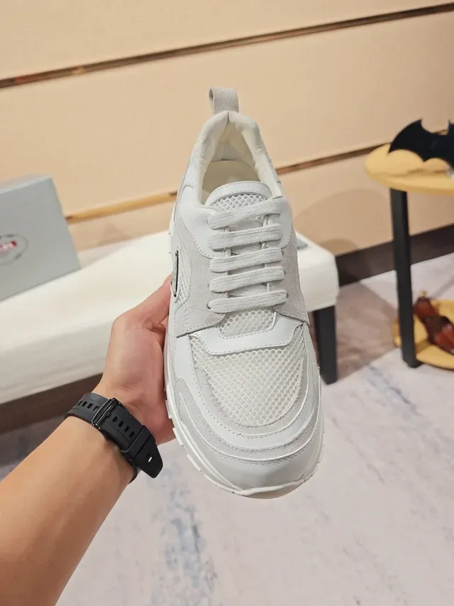 Prada White Gray Mesh And Suede Paneling Triangular Logo Plaque Chunky Sneakers 5