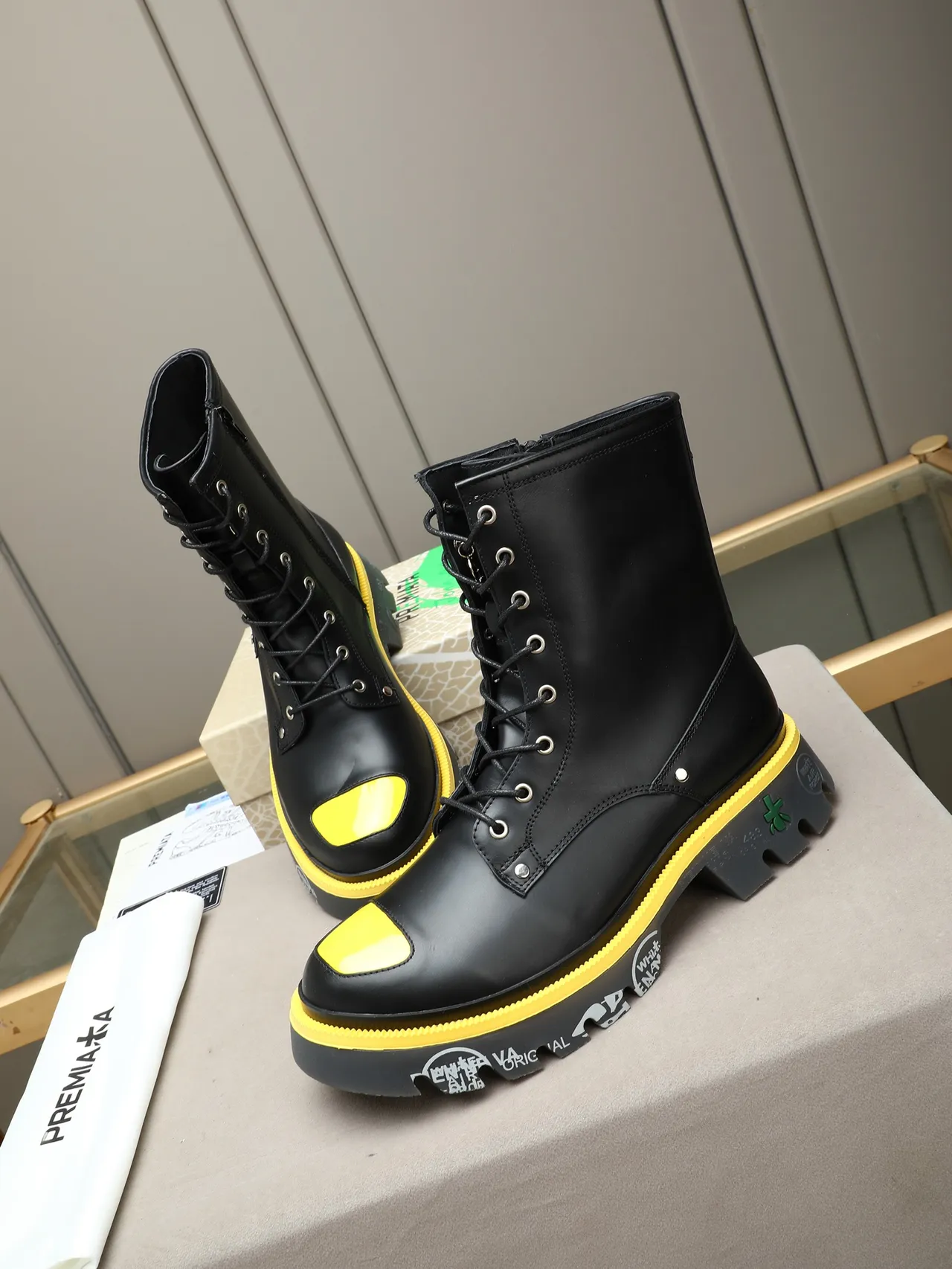 Premiata Black Yellow Leather Upper Midsole Accent Martin Boots 2