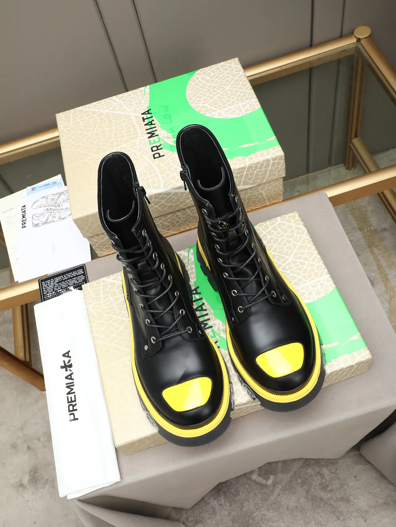 Premiata Black Yellow Leather Upper Midsole Accent Martin Boots 3
