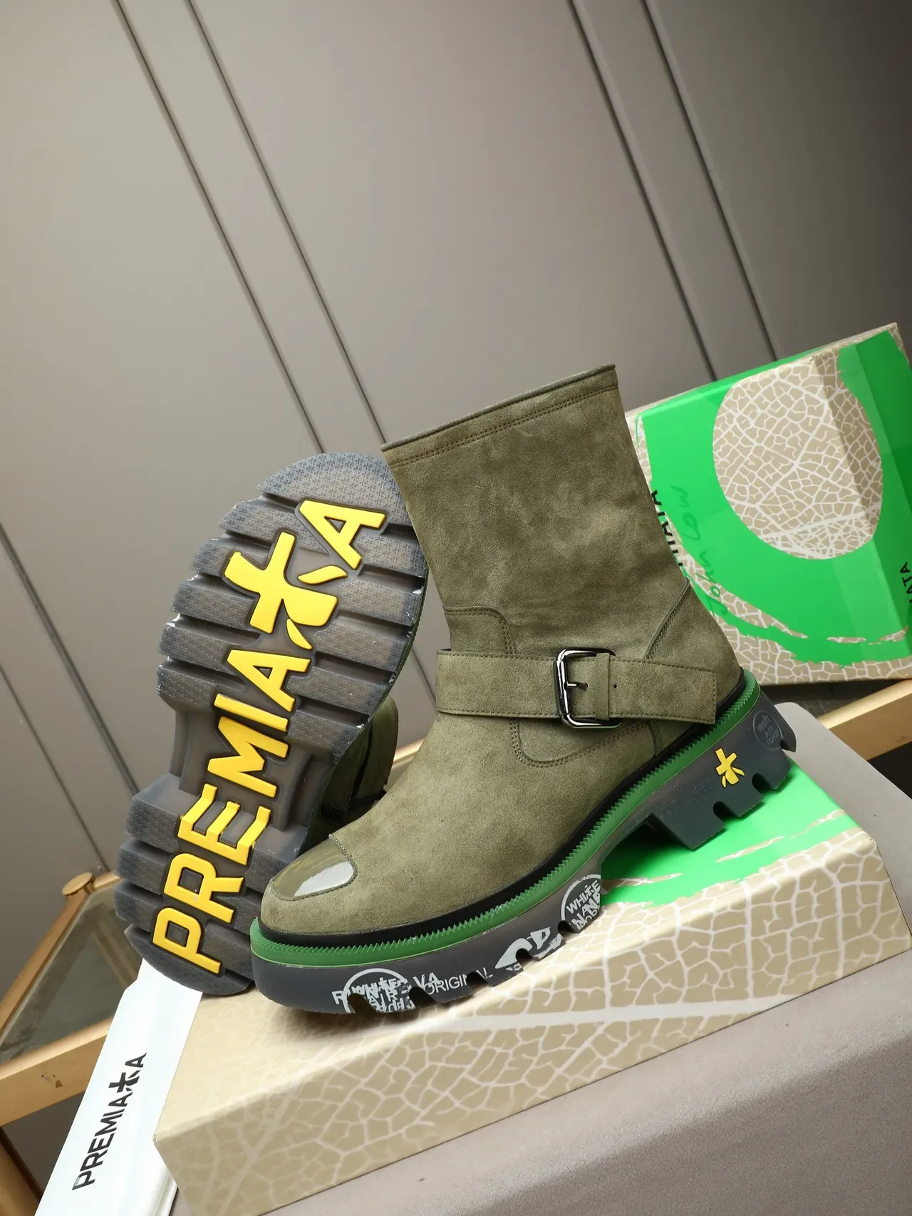 Premiata 军绿麂皮扣带踝靴 4