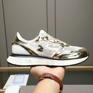 Premiata White Gold Metallic Accents Perforated Mesh Upper Sneakers