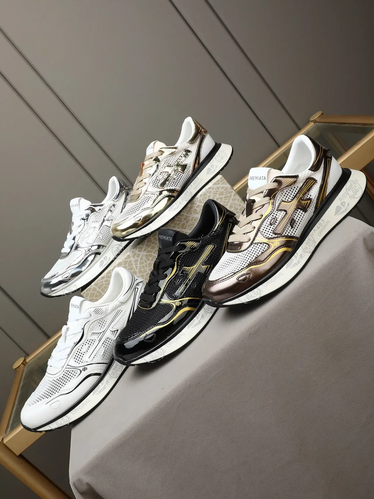Premiata White Gold Metallic Accents Perforated Mesh Upper Sneakers 2