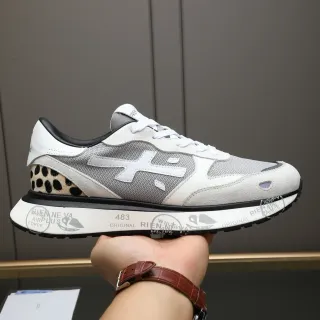 Premiata White Gray Mixed-Material Upper Leopard-Print Heel Accent Sneakers