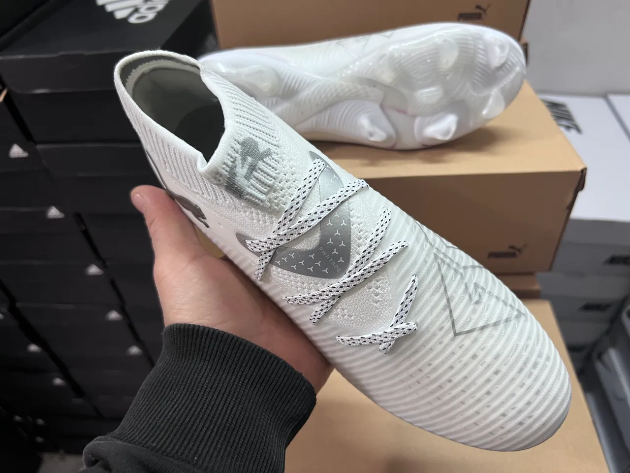 Puma أبيض فضي كولار جورب محبوك علو صناعي أرضية صلبة أحذية كرة قدم 3