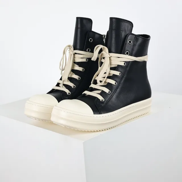 Rick Owens Sneakers lifestyle de couro preto bege de cano alto 2