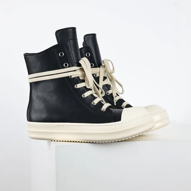 Rick Owens Sneakers lifestyle de couro preto bege de cano alto 3