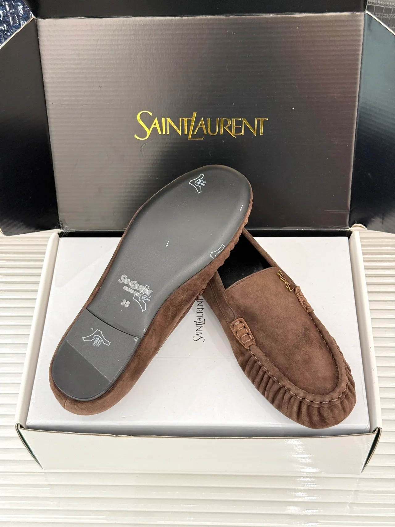 Saint Laurent 棕黑麂皮莫卡辛头乐福鞋 2