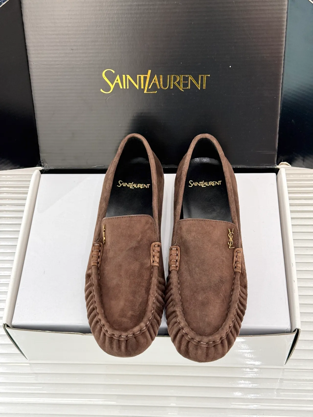 Saint Laurent 棕黑麂皮莫卡辛头乐福鞋 5