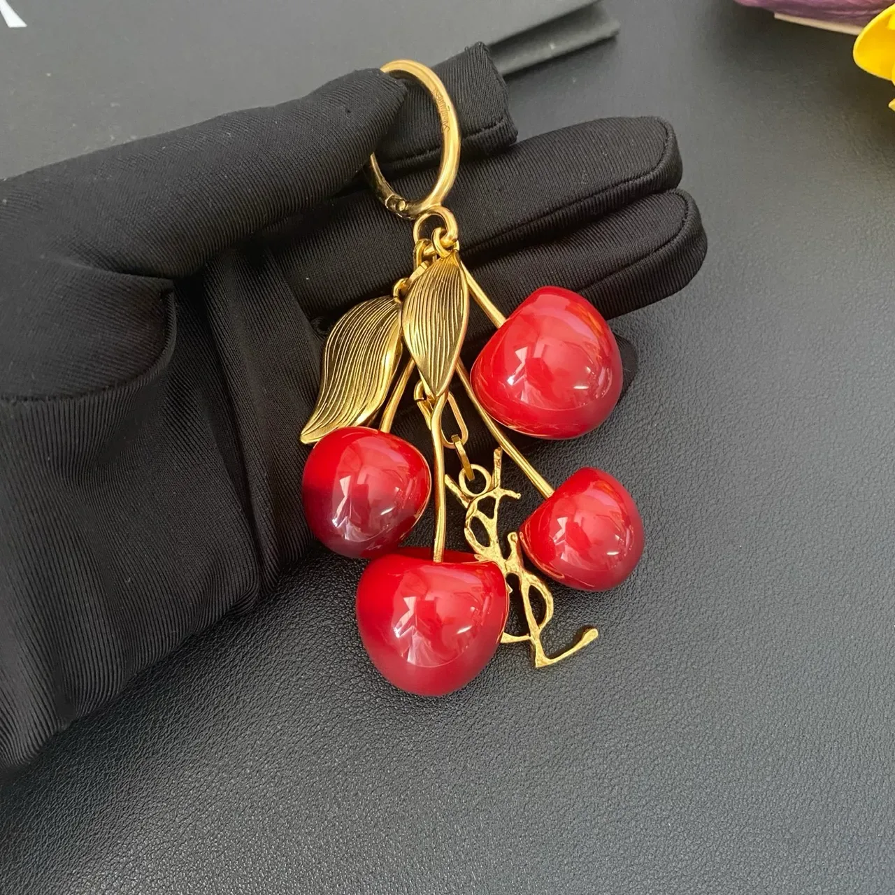 Saint Laurent Cherry Cluster Gold-Tone Resin Brooch 5