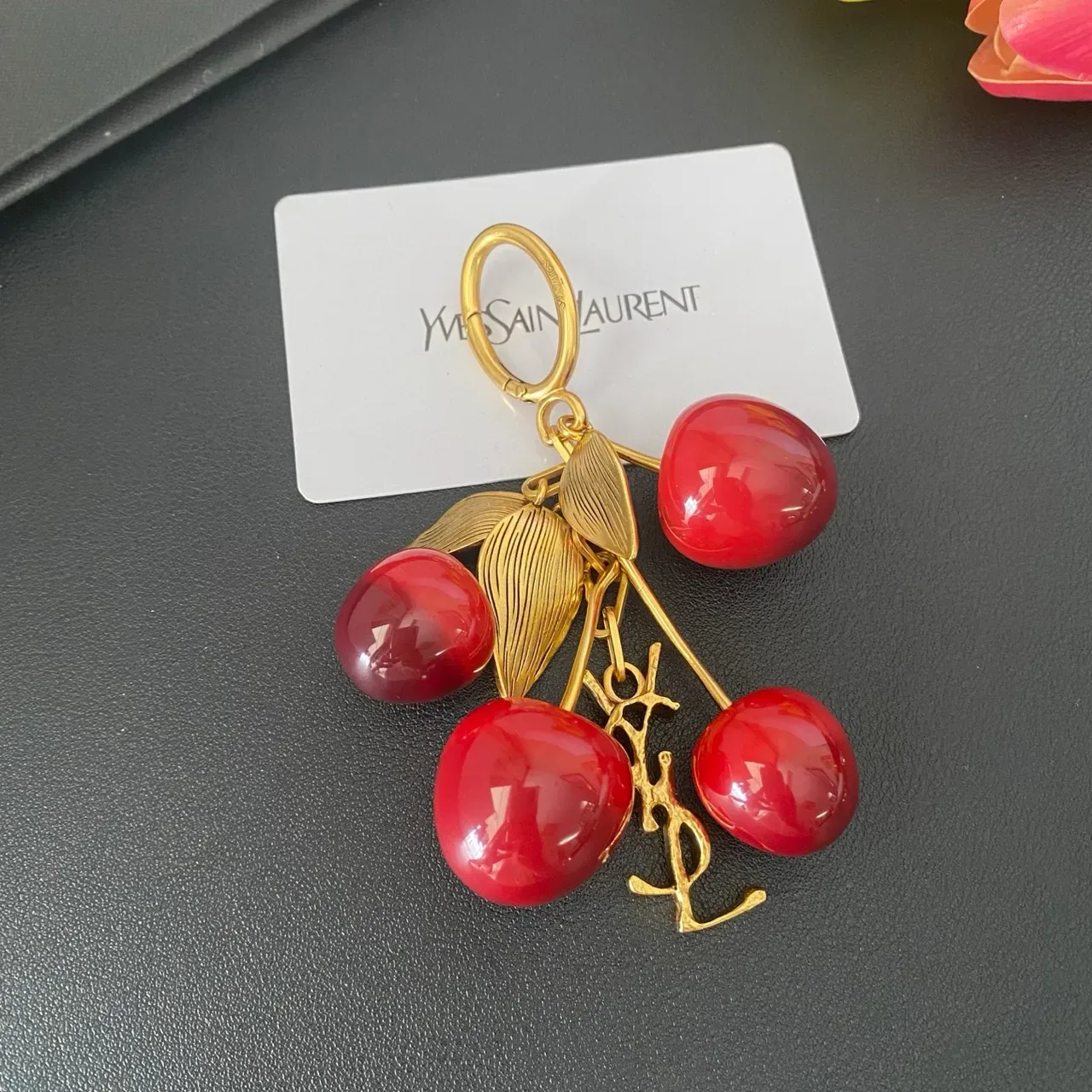 Saint Laurent Cherry Cluster Gold-Tone Resin Brooch 9