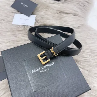 Saint Laurent Monogram Belt काला सोने का पतला YSL बकल चमड़े का पट्टा