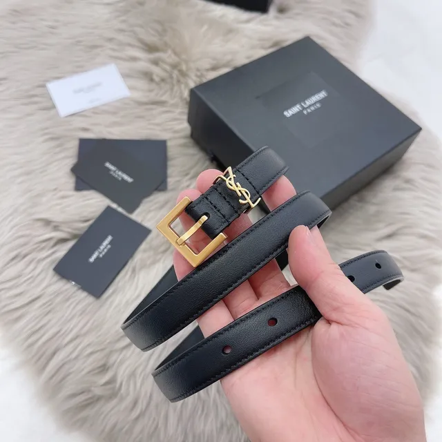 Saint Laurent Monogram Belt काला सोने का पतला YSL बकल चमड़े का पट्टा 2
