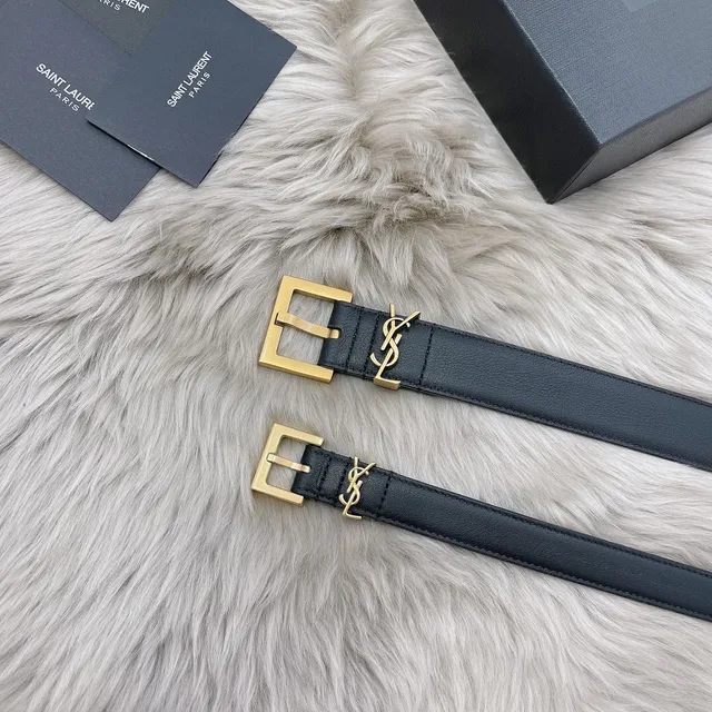 Saint Laurent Monogram Belt काला सोने का पतला YSL बकल चमड़े का पट्टा 4