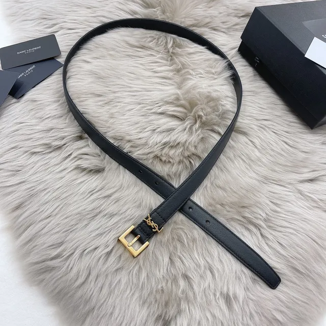 Saint Laurent Monogram Belt काला सोने का पतला YSL बकल चमड़े का पट्टा 6