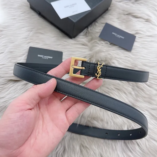 Saint Laurent Monogram Belt काला सोने का पतला YSL बकल चमड़े का पट्टा 7