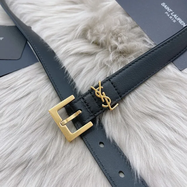 Saint Laurent Monogram Belt काला सोने का पतला YSL बकल चमड़े का पट्टा 8