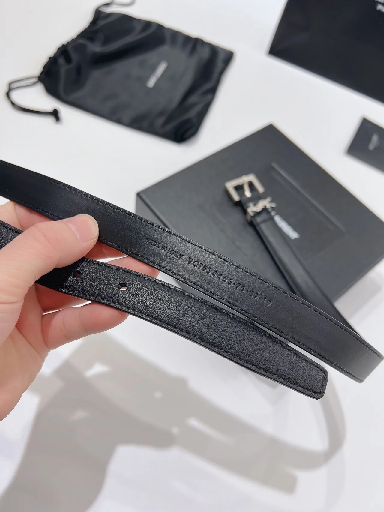Saint Laurent Monogram Belt Black Silver Narrow Rectangular Buckle Leather Belt 4