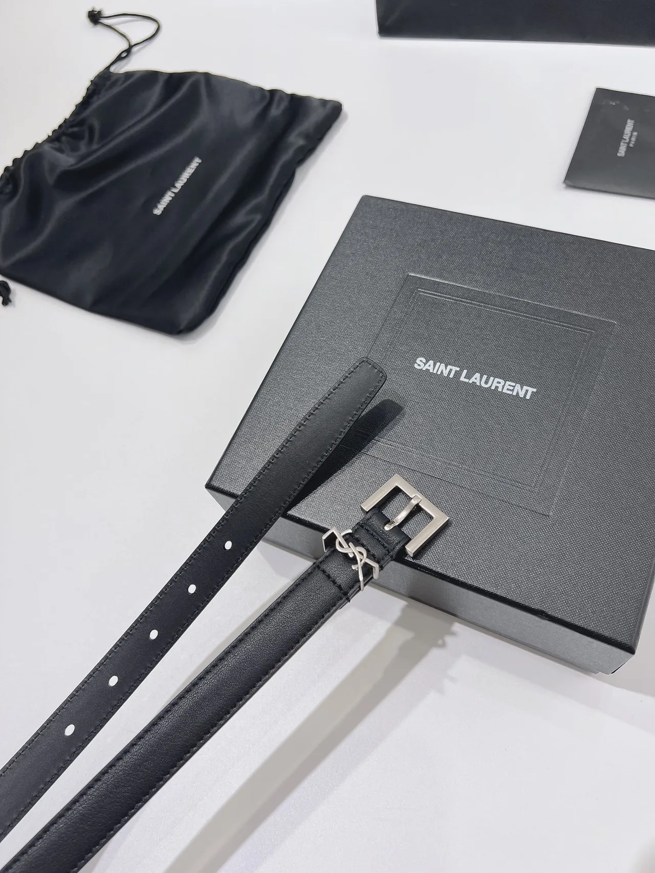 Saint Laurent Monogram Belt Black Silver Narrow Rectangular Buckle Leather Belt 5