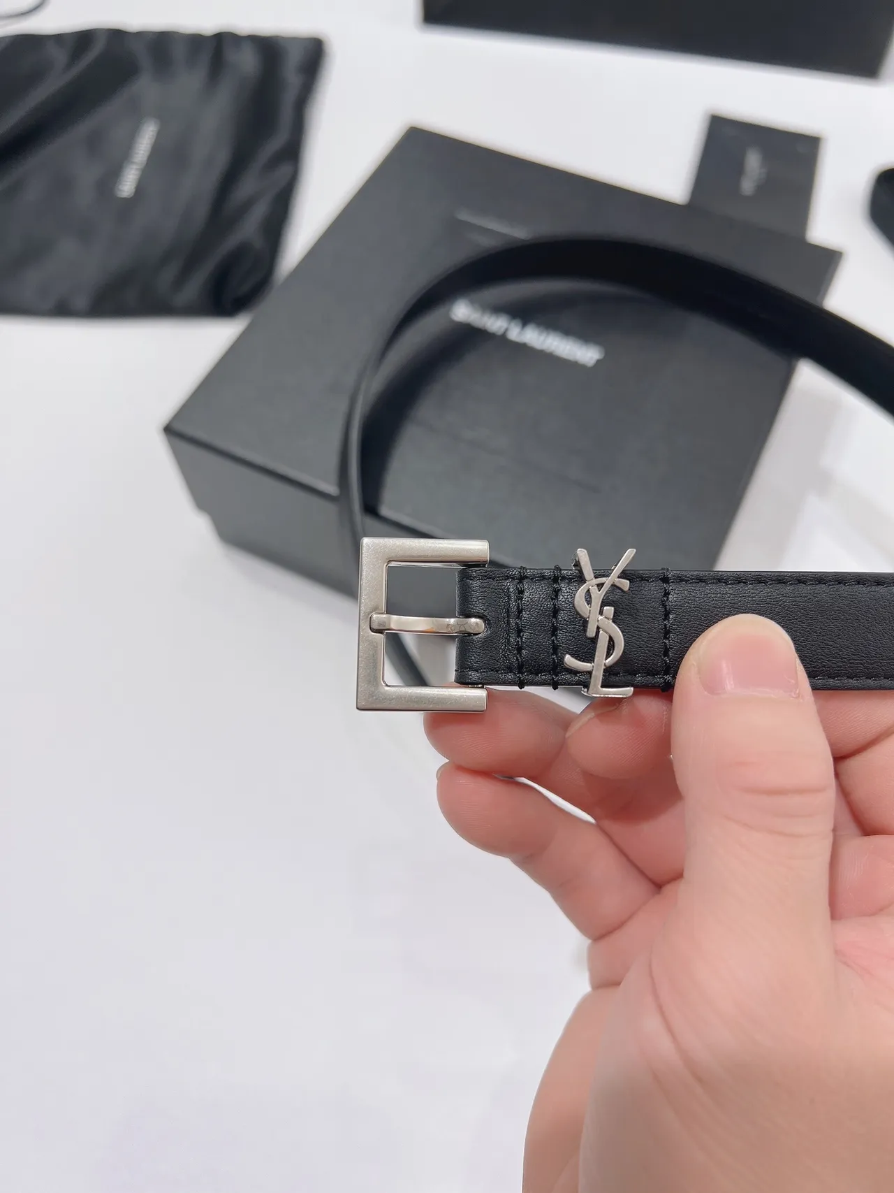 Saint Laurent Monogram Belt Black Silver Narrow Rectangular Buckle Leather Belt 6