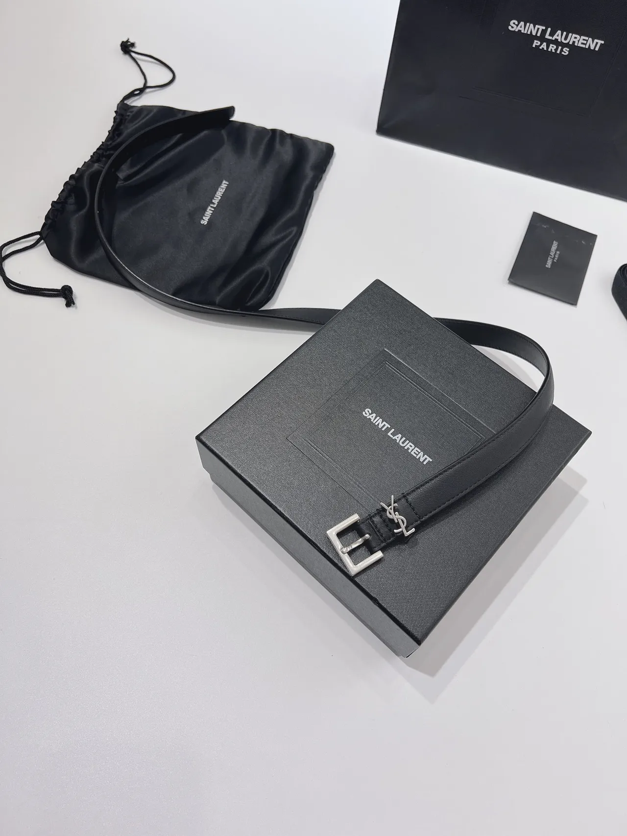 Saint Laurent Monogram Belt Black Silver Narrow Rectangular Buckle Leather Belt 7