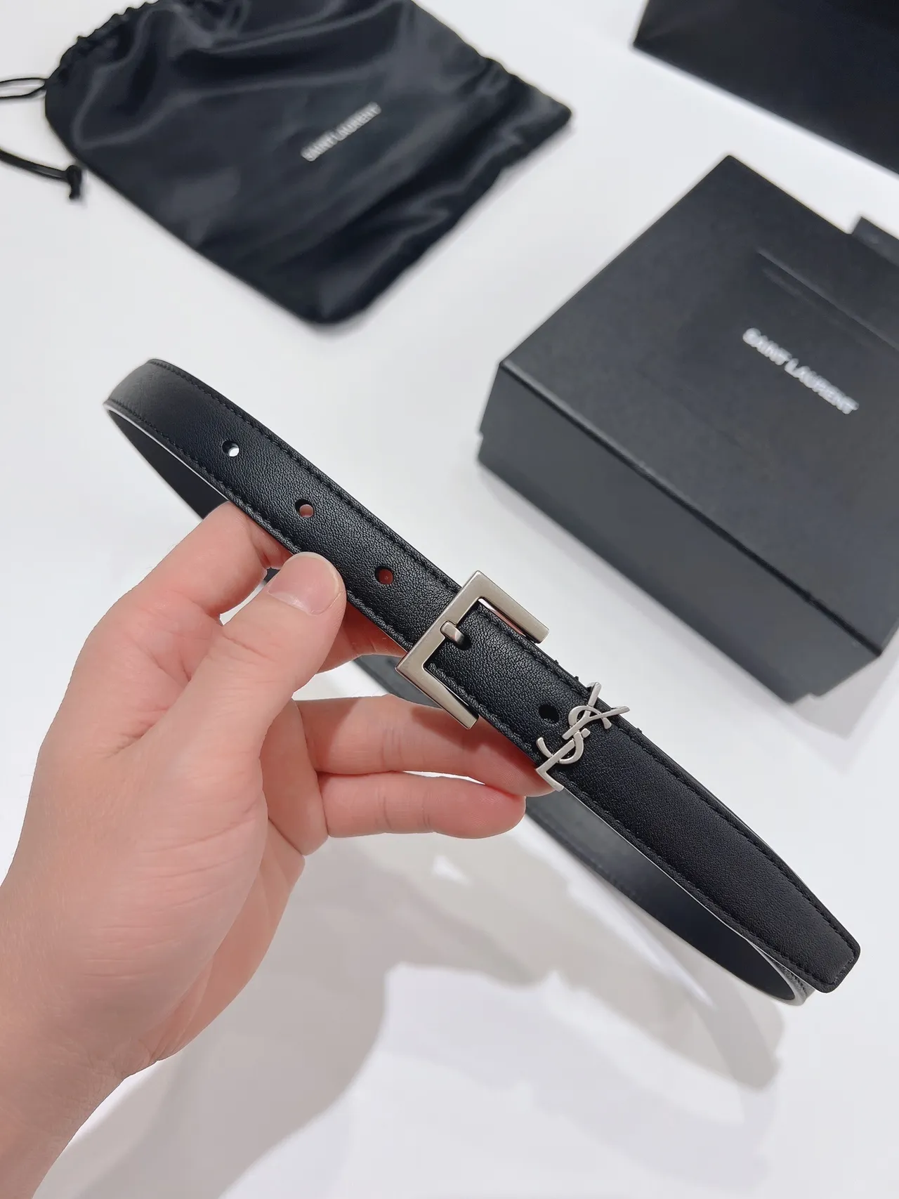 Saint Laurent Monogram Belt Black Silver Narrow Rectangular Buckle Leather Belt 8