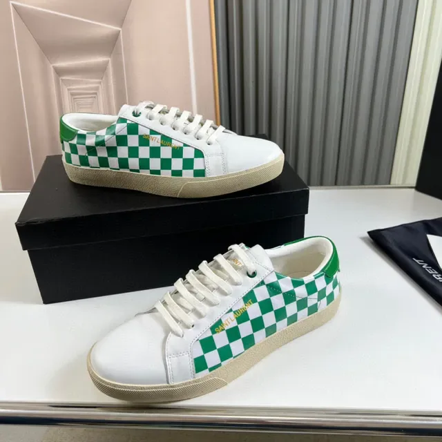 Saint Laurent Tênis Lifestyle Branco Verde Painel Xadrez Logo Dourado 6