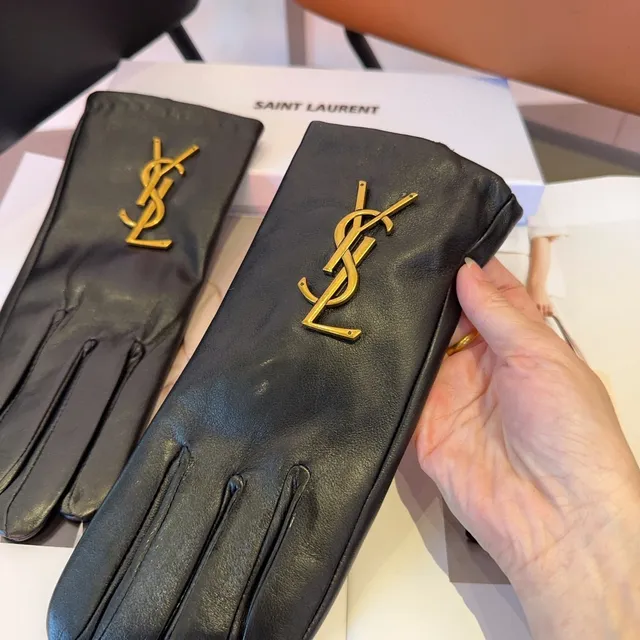 Saint Laurent YSL Monogram ग्लोव्स काली सोने चिकनी हार्डवेयर चमड़े के ग्लोव्स 2