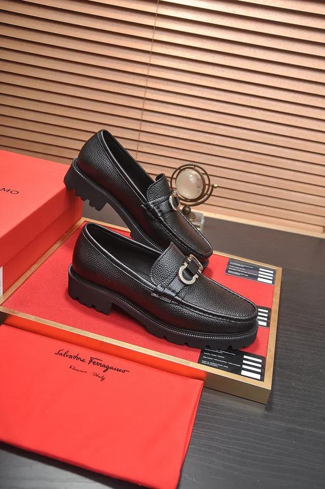 Salvatore Ferragamo Gancini Black Pebbled Leather Loafers 5