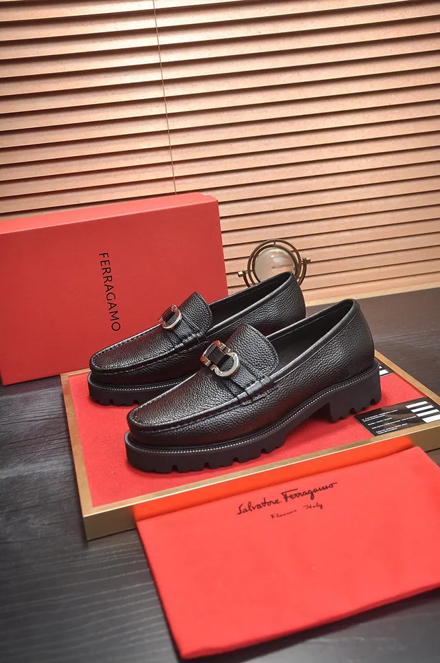 Salvatore Ferragamo Gancini Black Pebbled Leather Loafers 8