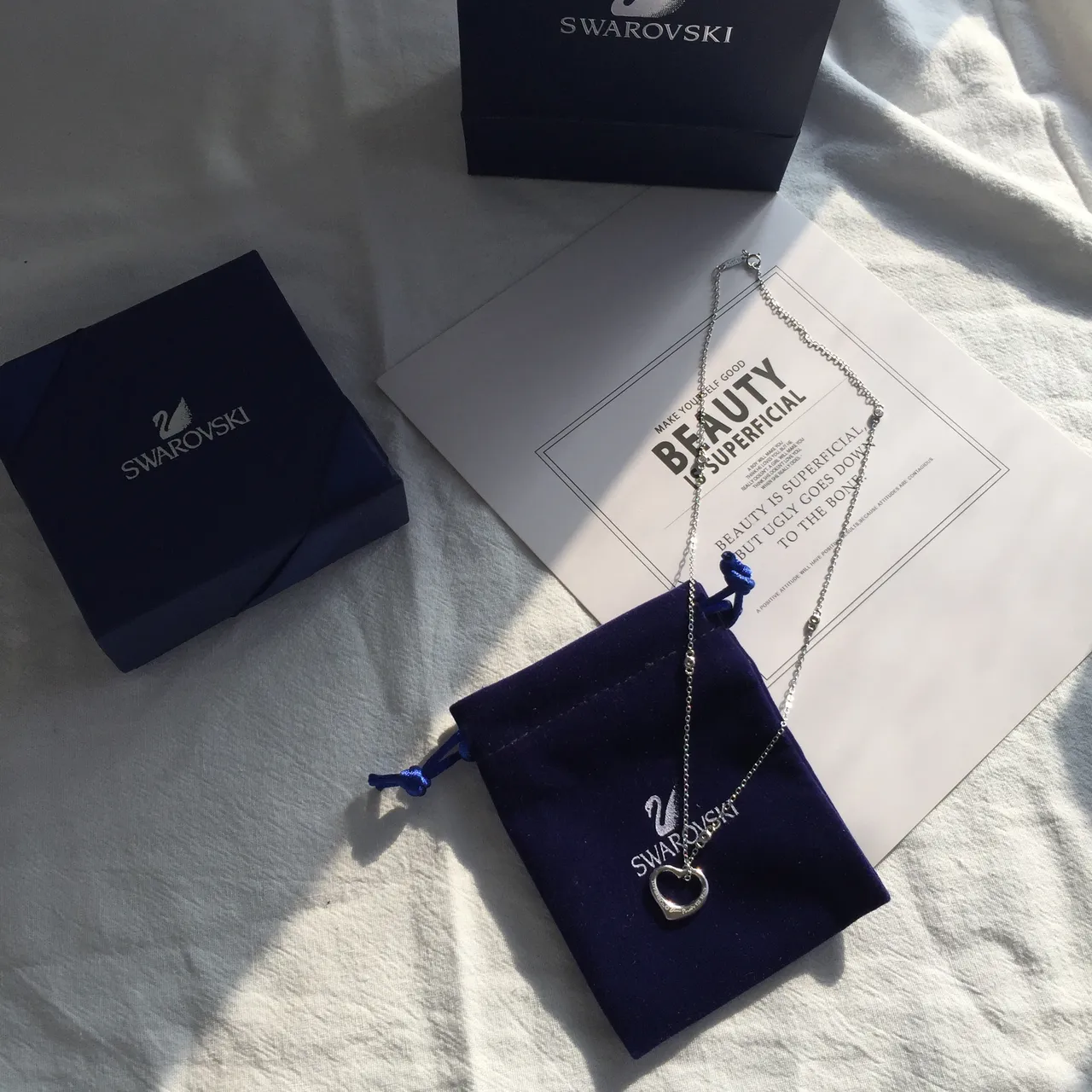 Swarovski Pingente Coração Aberto Corrente de Elos Finos Prata Azul 3