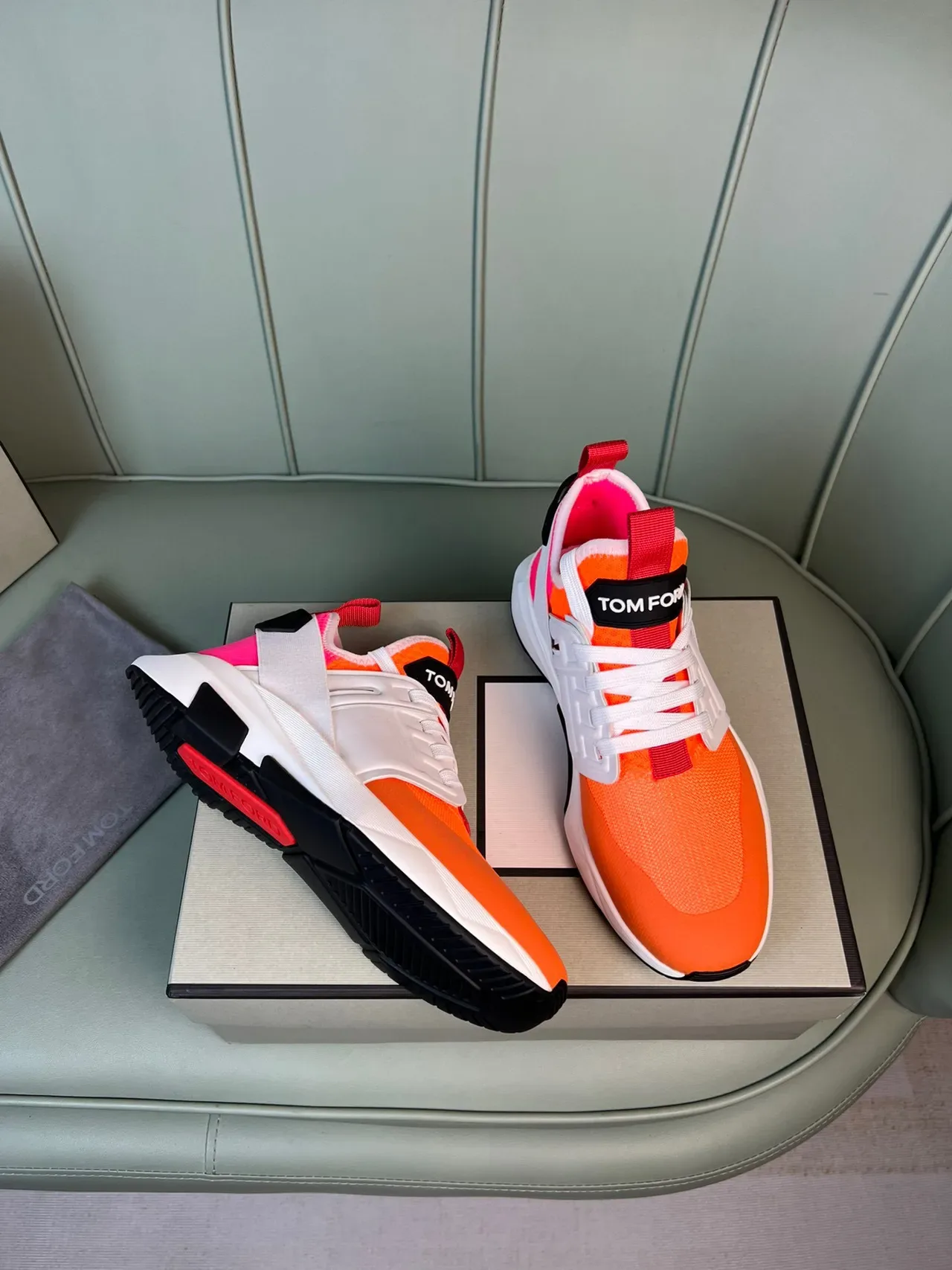 Tom Ford Tênis Lifestyle Malha Superior Laranja Vermelho Midsole Esculturado Branco 5