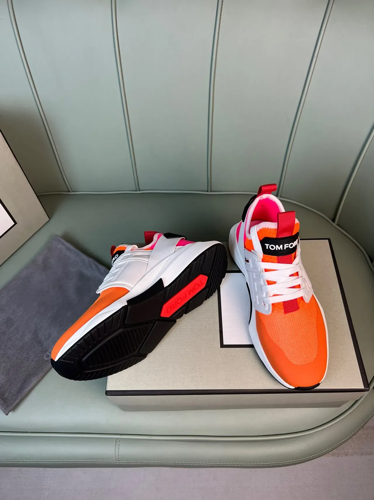 Tom Ford Tênis Lifestyle Malha Superior Laranja Vermelho Midsole Esculturado Branco 7
