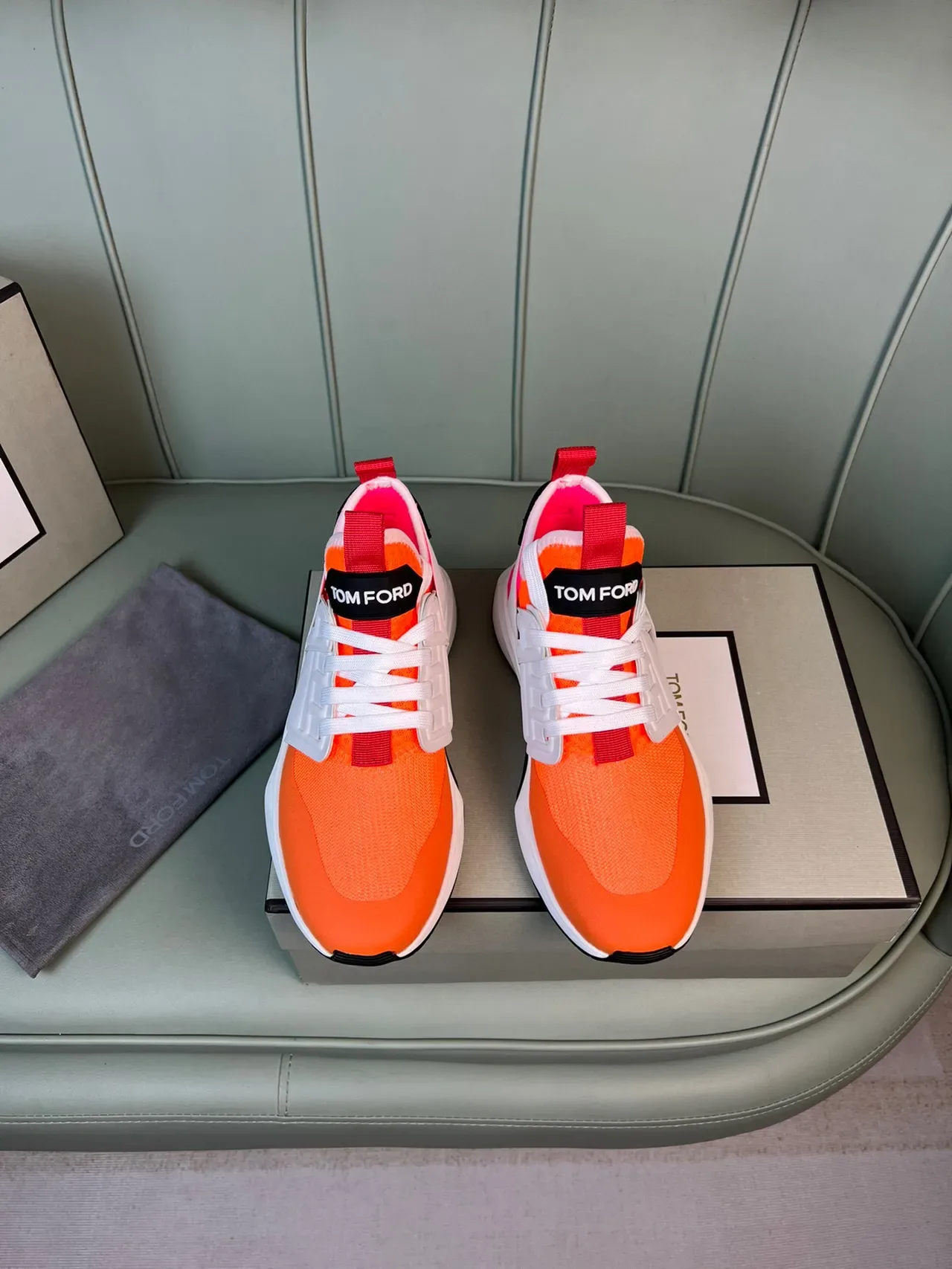 Tom Ford Tênis Lifestyle Malha Superior Laranja Vermelho Midsole Esculturado Branco 9
