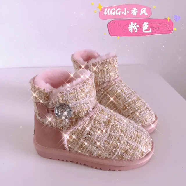 UGG Pink Beige Tweed Upper Shearling Lining Snow Boots 4