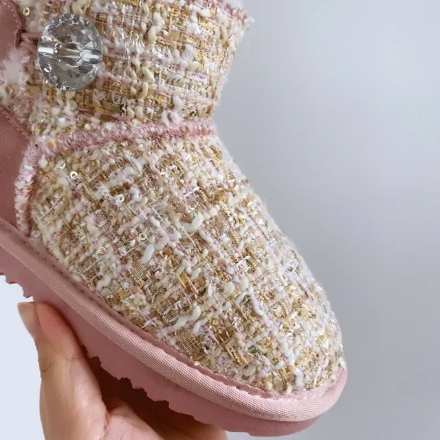 UGG Pink Beige Tweed Upper Shearling Lining Snow Boots 16