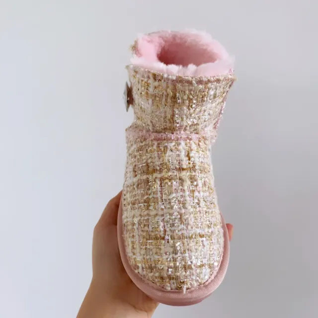 UGG Pink Beige Tweed Upper Shearling Lining Snow Boots 18