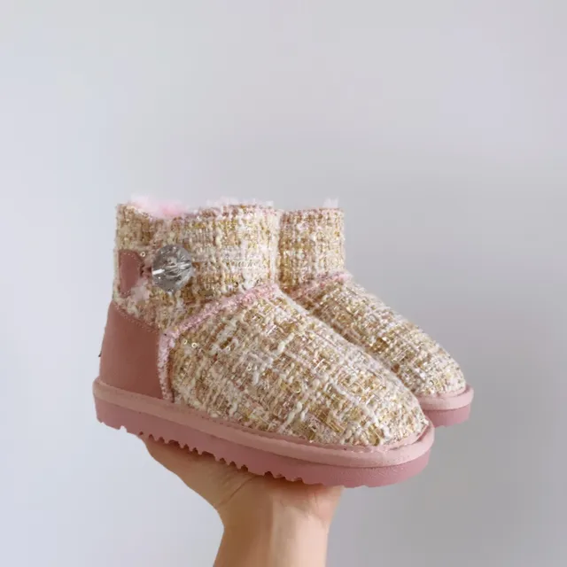 UGG Pink Beige Tweed Upper Shearling Lining Snow Boots 22