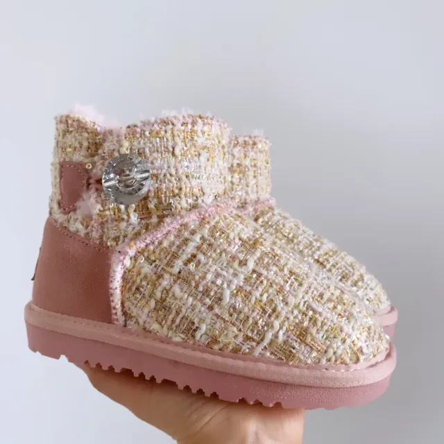 UGG Pink Beige Tweed Upper Shearling Lining Snow Boots 23