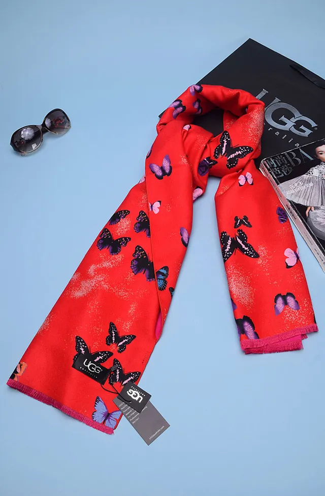 UGG Red Purple Printed Butterfly Motif Scarve 5