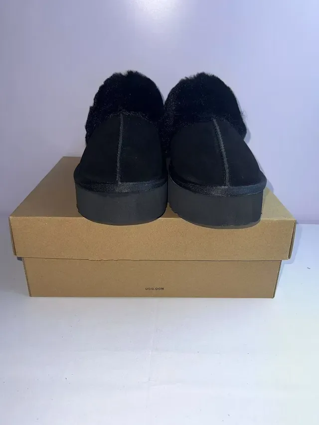 UGG Tasman 黑色羊毛里平台拖鞋 4
