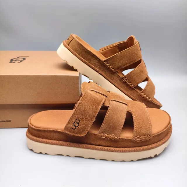 UGG Tasman Tan Suede Double-Strap Platform Casual Sandals 6