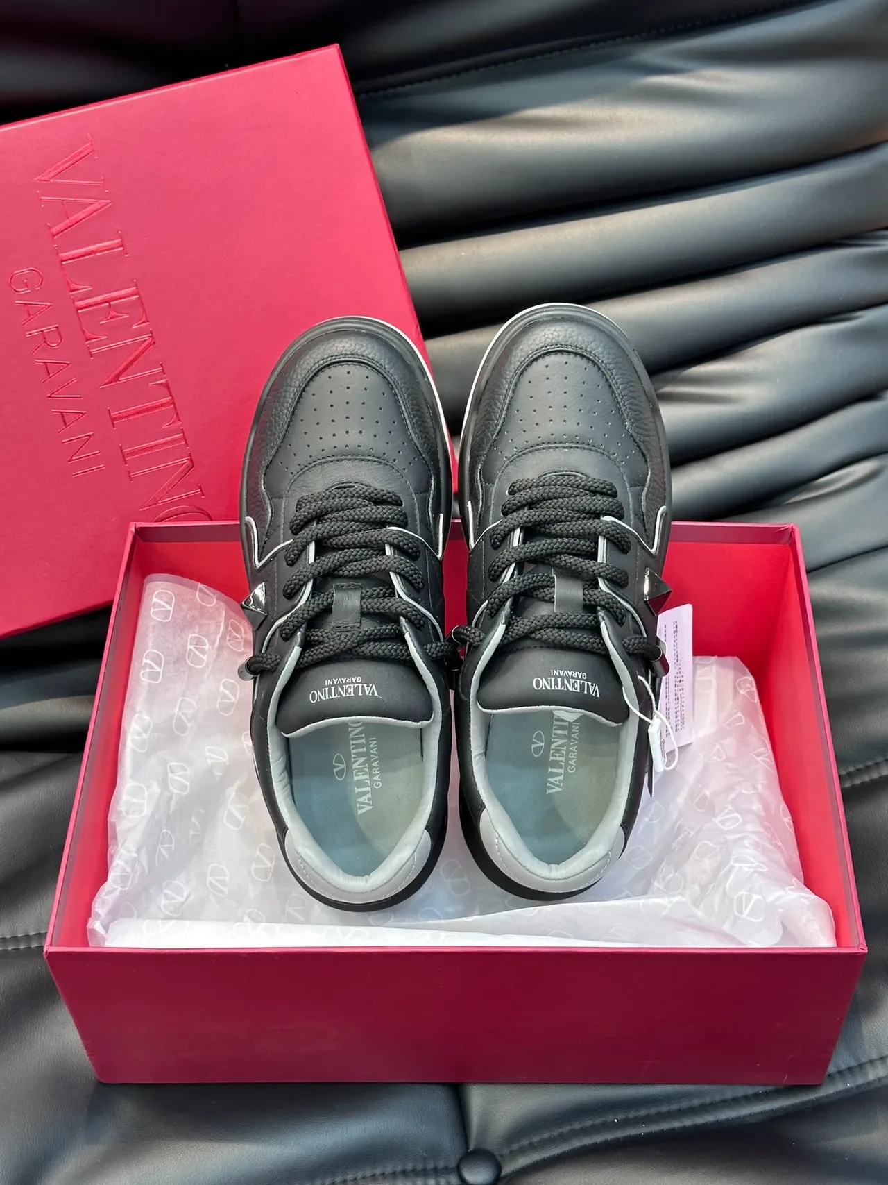 Valentino Black Gray Leather Upper Perforated Toe Lifestyle Sneakers 4