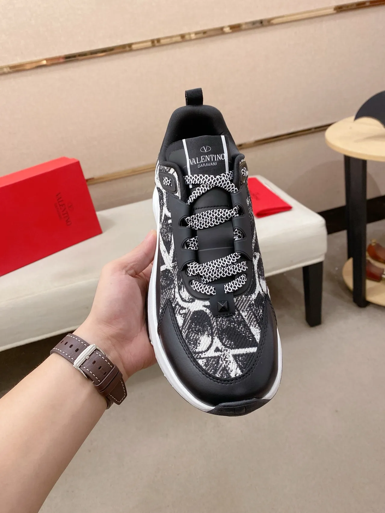 Valentino Rockstud Black White Sole Mixed-Material Upper Chunky Sneakers 6
