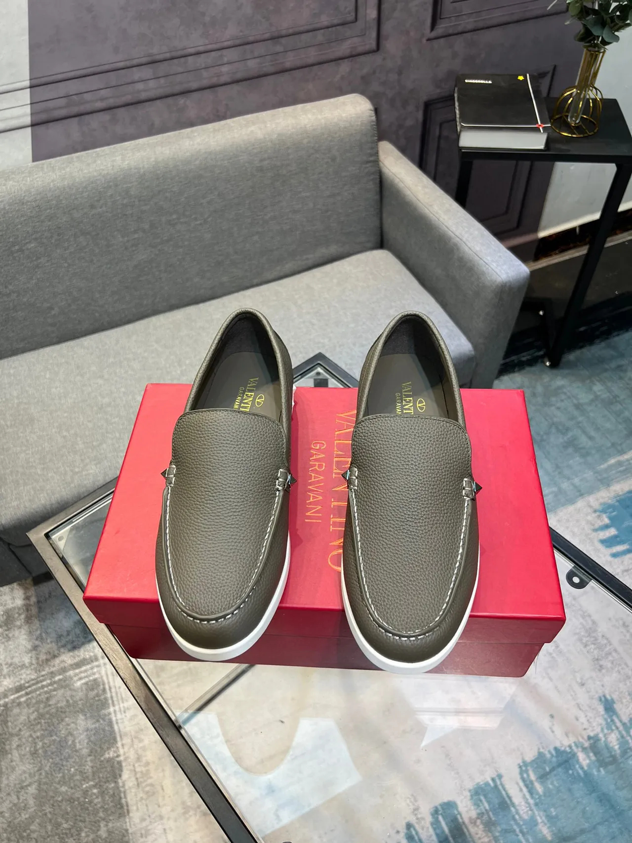 Valentino Rockstud Brown White Pebbled Leather Rubber Sole Loafer 2