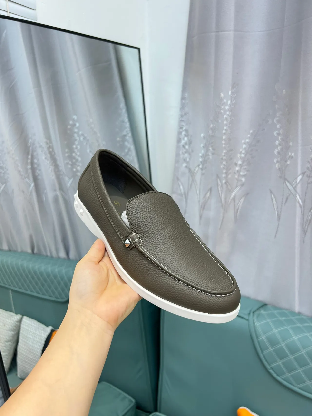 Valentino Rockstud Brown White Pebbled Leather Rubber Sole Loafer 6