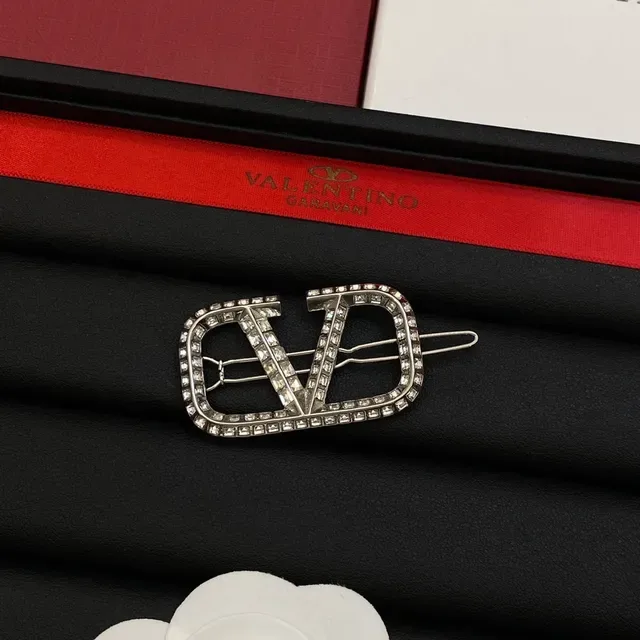Valentino VLTN Silver Gold Crystal-Encrusted Logo Brooch 3