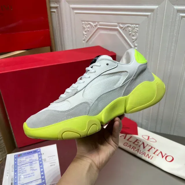Valentino أبيض أخضر كعب سميك وجه علوي شبكة سويد هجين أحذية رياضية أسلوب حياة 3