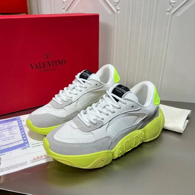 Valentino أبيض أخضر كعب سميك وجه علوي شبكة سويد هجين أحذية رياضية أسلوب حياة 4