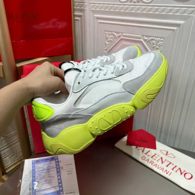 Valentino أبيض أخضر كعب سميك وجه علوي شبكة سويد هجين أحذية رياضية أسلوب حياة 7
