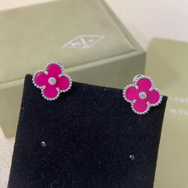 Van Cleef & Arpels Alhambra Magenta Enamel and Diamond Four-Leaf Clover Earrings 2